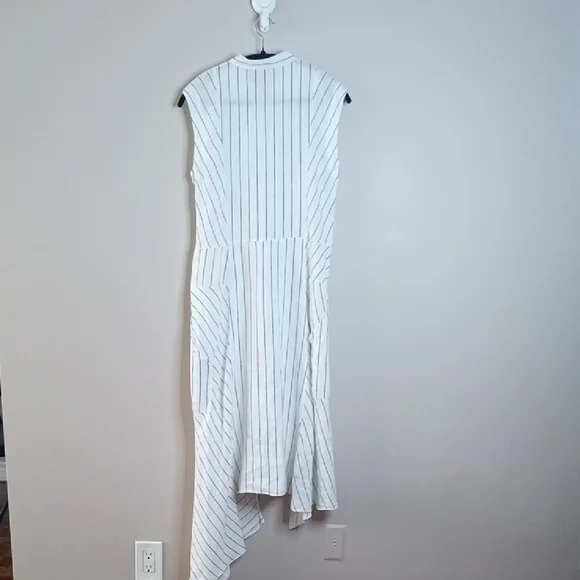 Italian Linen Asymmetric Striped White Sleeveless Maxi Shirt Dress Size S-M - Picture 3 of 16